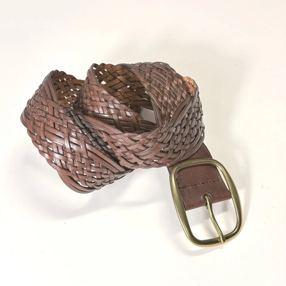 Womens Brown Braided Woven Leather Belt Large Brass Buckle Boho Western Classic